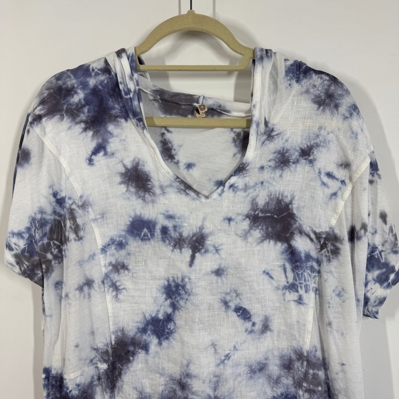 XCVI Blue White Tie Dye Short Sleeve Hooded Cotton Linen Dress Size M - Picture 3 of 13